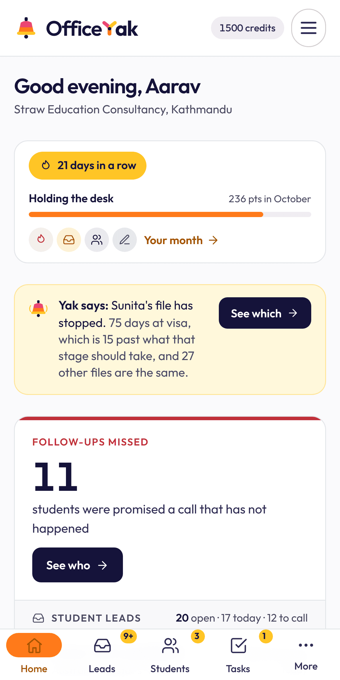 The OfficeYak home screen on a phone: a Yak says recommendation, missed follow-ups and the bottom tab bar